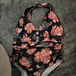 Orange and Black One Piece Swimwear with Halter Neck